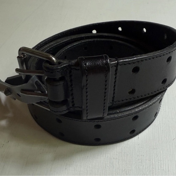 NEW YSL Yves Saint Laurent  Belt Sz 44/110 Black Leather Double Prong Italy - Picture 1 of 6